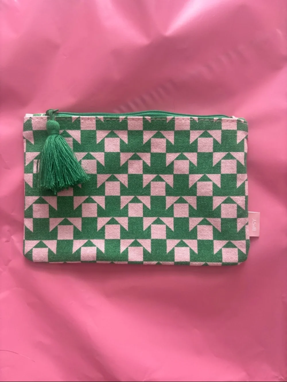 Green & Pink Geometric Tassel Cosmetic Pouch